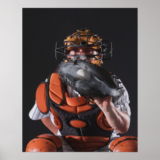 Baseball catcher holding ball in mitt poster (Front)