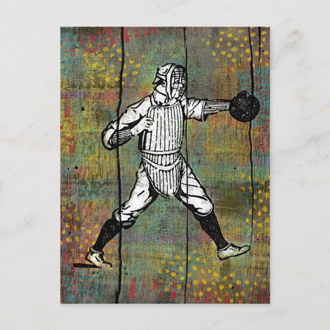 Baseball Catcher Postcard Colorful Wood (Front)
