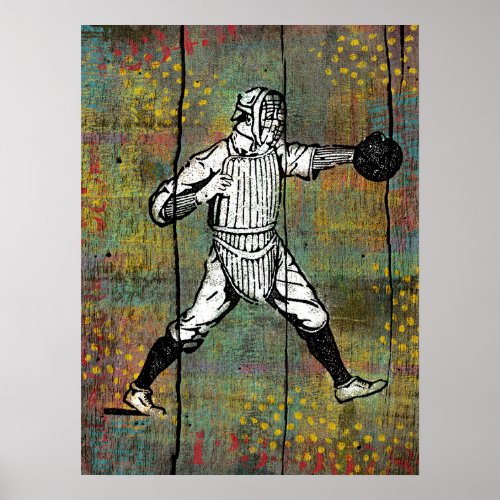 Baseball Catcher Poster Colorful Wood Art Print