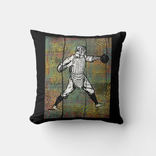 Baseball Catcher Throw Pillow Colorful Wood