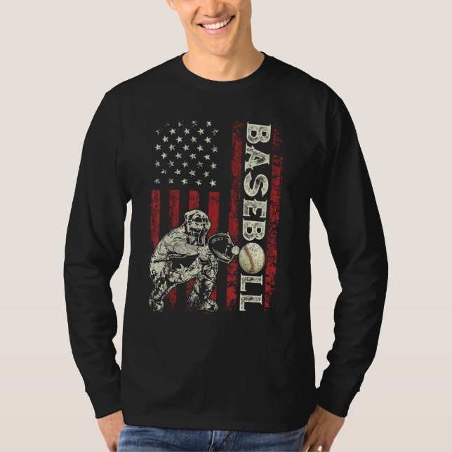 Baseball Catcher US Flag  Dad Men Patriotic 4th Of T-Shirt (Front)
