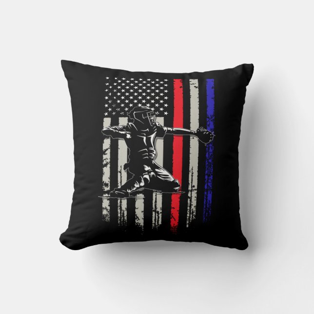 Baseball Catchers Gear Sports American Flag Little Throw Pillow (Front)