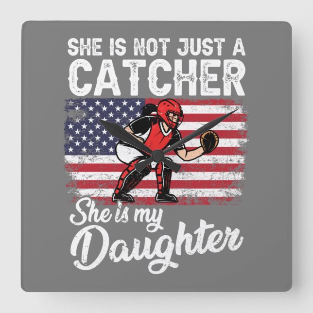 Baseball Catchers Sports US American Flag Square Wall Clock (Front)