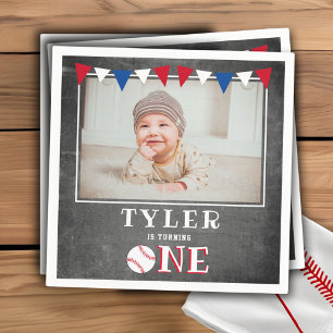 Baseball Chalkboard Flags 1st Birthday Photo Napkins