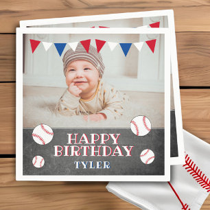 Baseball Chalkboard Kids Photo Birthday Party Napkins