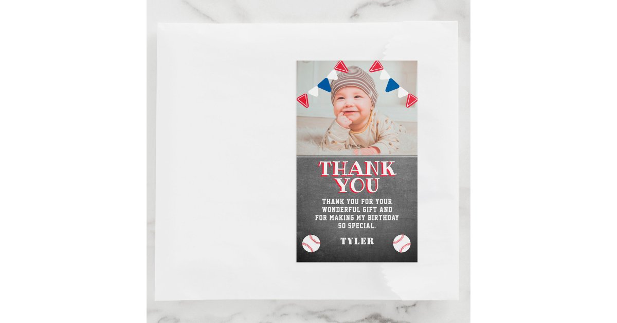 Baseball Chalkboard Kids Photo Birthday Thank you Rectangular Sticker ...
