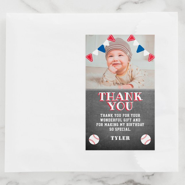Baseball Chalkboard Kids Photo Birthday Thank you Rectangular Sticker (Creator Uploaded)