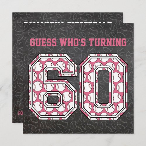 Baseball Chalkboard Pink 60th Birthday Party Invitation