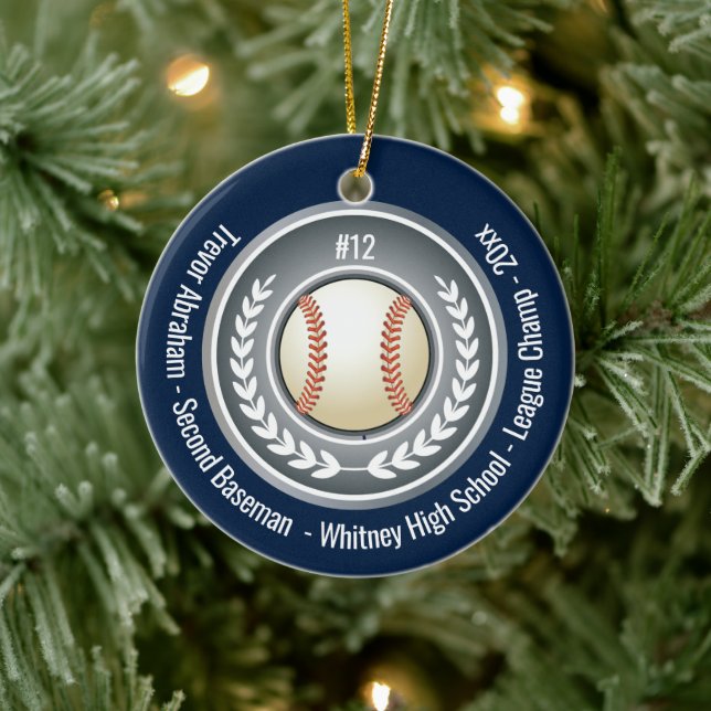 Baseball Champion Player School Silver Gray Blue Ceramic Ornament (Tree)