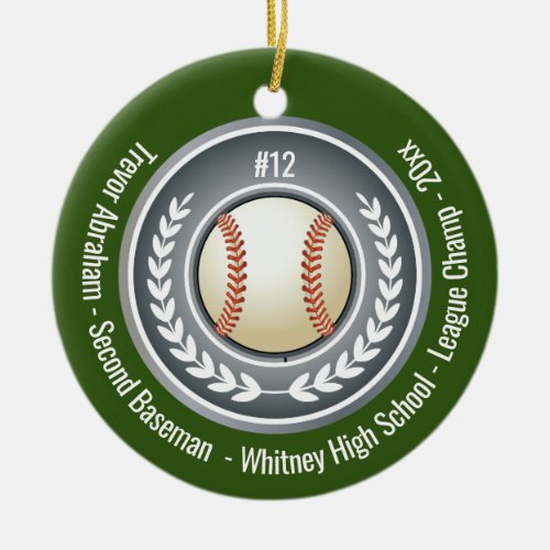 Baseball Champion Player School Silver Gray Green Ceramic Ornament
