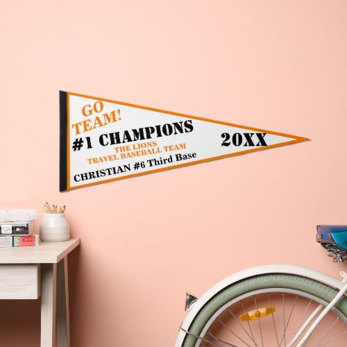 Baseball Champions Player NAME Orange Black  Pennant Flag