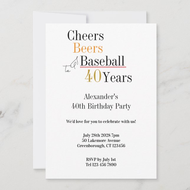 Baseball Cheers and Beers 40th Birthday Party Invitation (Front)