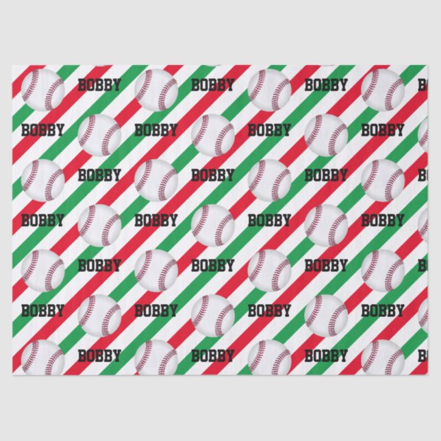  Baseball Christmas Add Name Stripe Red n Green Tissue Paper (Front)