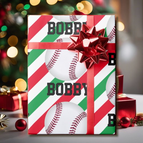  Baseball Christmas Add Name Stripe Red n Green Wrapping Paper