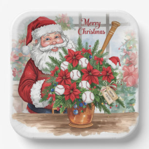 Baseball Christmas flowers with Santa Claus Paper Plates