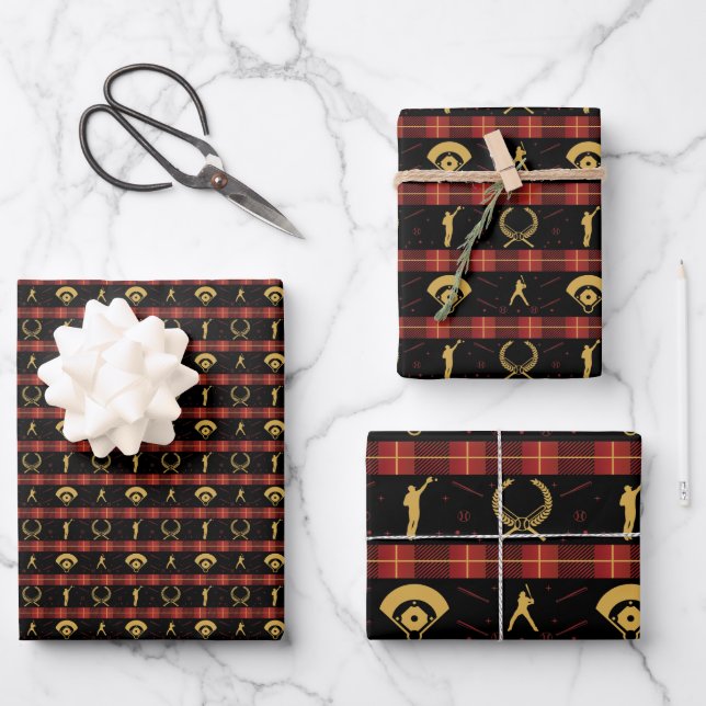 Baseball Christmas - Red Check Pattern Wrapping Paper Sheets (Front)