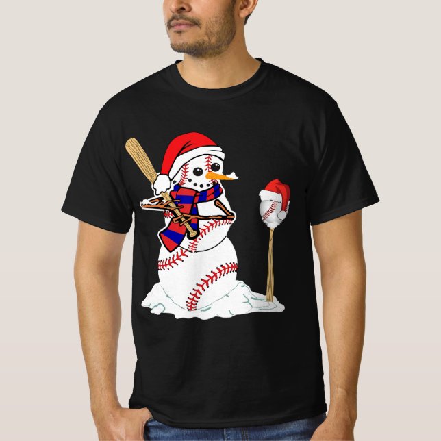 Baseball Christmas Snowman Playing Baseball  T-Shirt (Front)