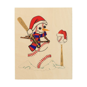 Baseball Christmas Snowman Playing Baseball Wood Wall Art