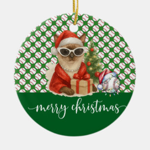 Baseball Christmas themed for Cat Lovers Ceramic Ornament