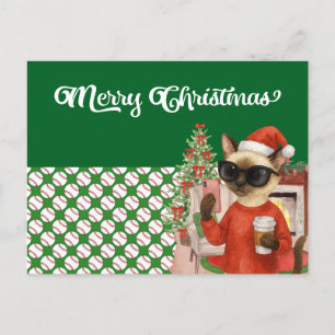 Baseball Christmas themed for Cat Lovers Holiday Postcard