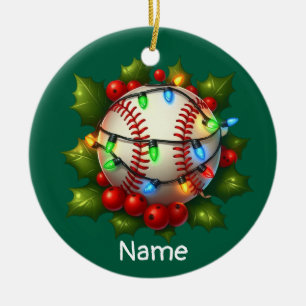 Baseball Christmas themed for kids with name Ceramic Ornament