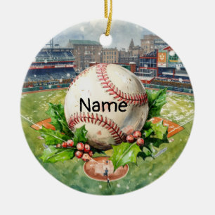 Baseball Christmas themed for kids with name Ceramic Ornament