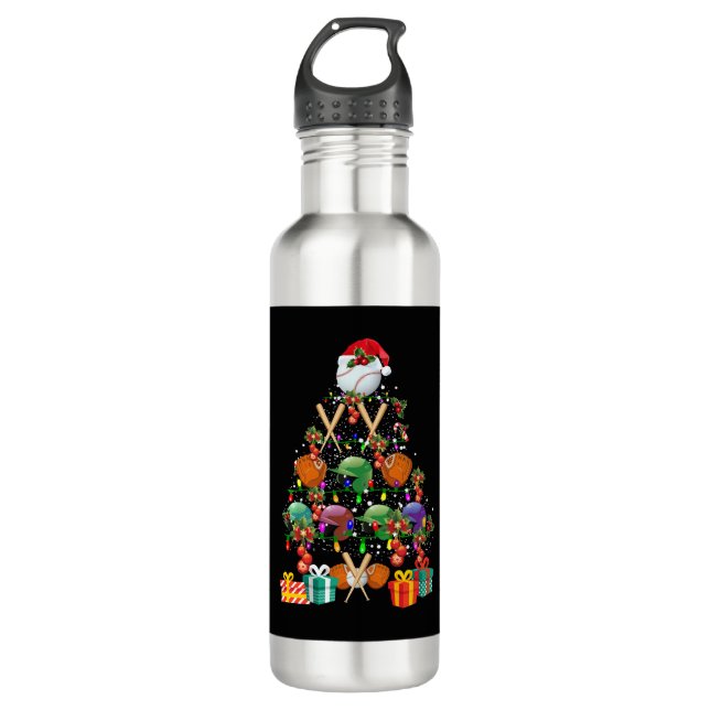 Baseball Christmas Tree Santa Hat Sport Lover Gift Stainless Steel Water Bottle (Front)