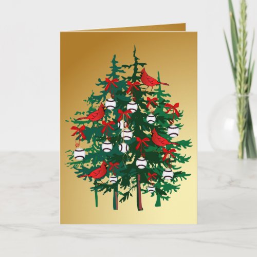 Baseball Christmas Tree with Red Birds Holiday Card