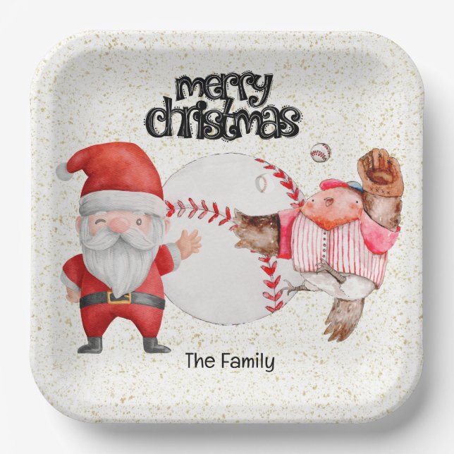 Baseball Christmas with ball and Santa Claus Paper Plates (Front)