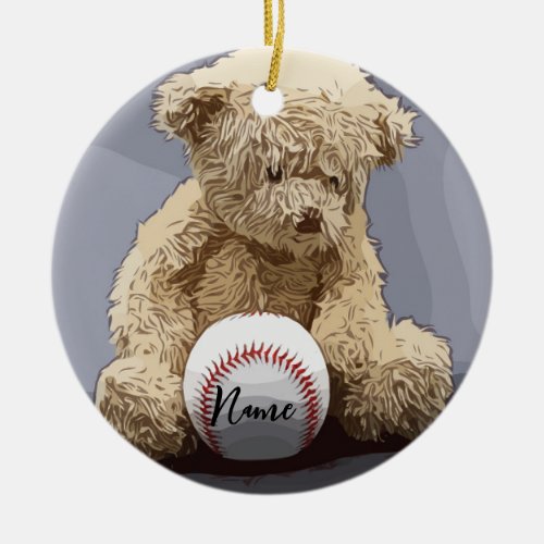 Baseball Christmas with ball and Teddy Bear Ceramic Ornament