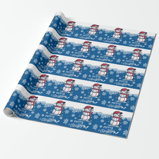 Baseball  Christmas with ball on blue background Wrapping Paper (Unrolled)