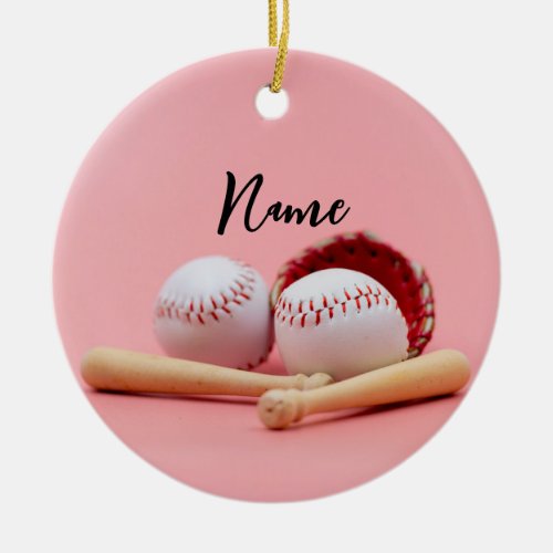 Baseball Christmas with ball on pink for girl Ceramic Ornament