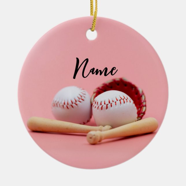 Baseball Christmas with ball on pink for girl Ceramic Ornament (Front)