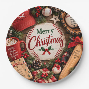Baseball Christmas with gifts and ball Holiday Paper Plates