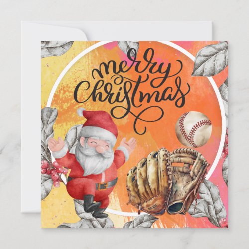 Baseball Christmas with Santa Claus and Snowman Holiday Card