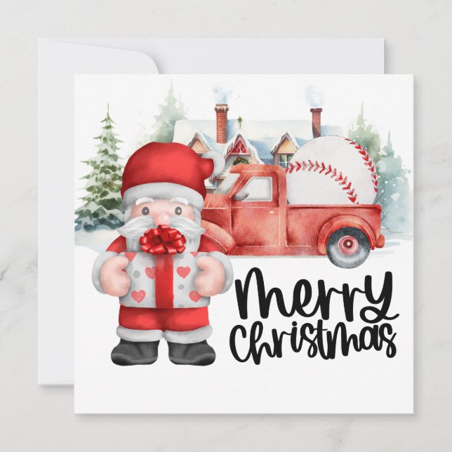 Baseball Christmas with Santa Claus and Snowman Holiday Card (Front)