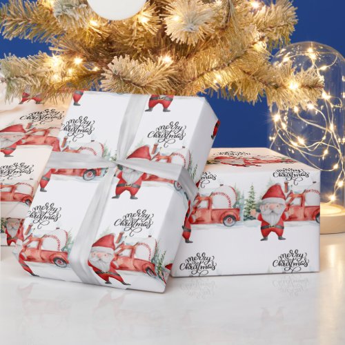 Baseball Christmas with Santa Claus and Snowman Wrapping Paper