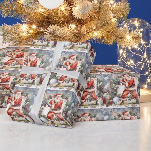 Baseball Christmas with Santa Claus Wrapping Paper (Holidays)