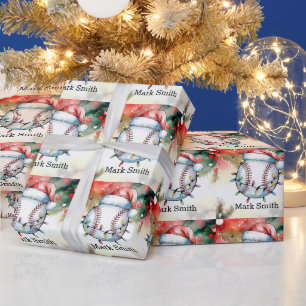 Baseball Christmas with Santa Hat Wrapping Paper