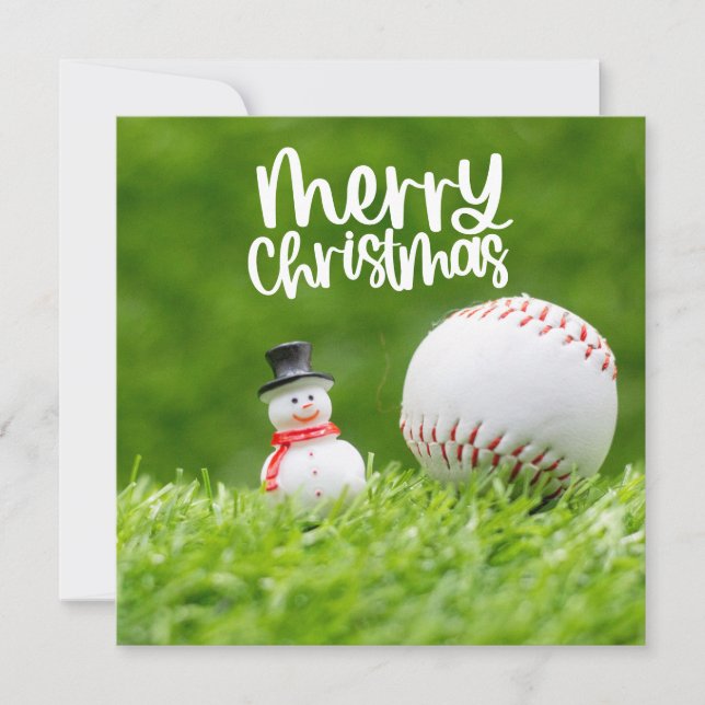 Baseball Christmas with Snowman on green  Holiday Card (Front)