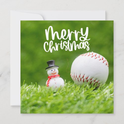 Baseball Christmas with Snowman on green  Holiday Card