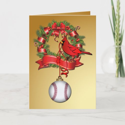 Baseball Christmas Wreath with Red Bird Holiday Card