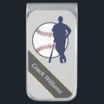 Baseball Coach Personalized Silver Finish Money Clip<br><div class="desc">This is a great personalized money clip for anyone who is a true baseball fan, or to give to a baseball coach. It features a blue baseball player and bat silhouette against a white ball image complete with red stitching. Your name or other text is on a dark gray name...</div>