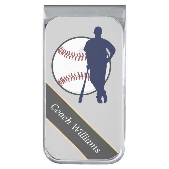 Baseball Coach Personalized Silver Finish Money Clip (Front Vertical)