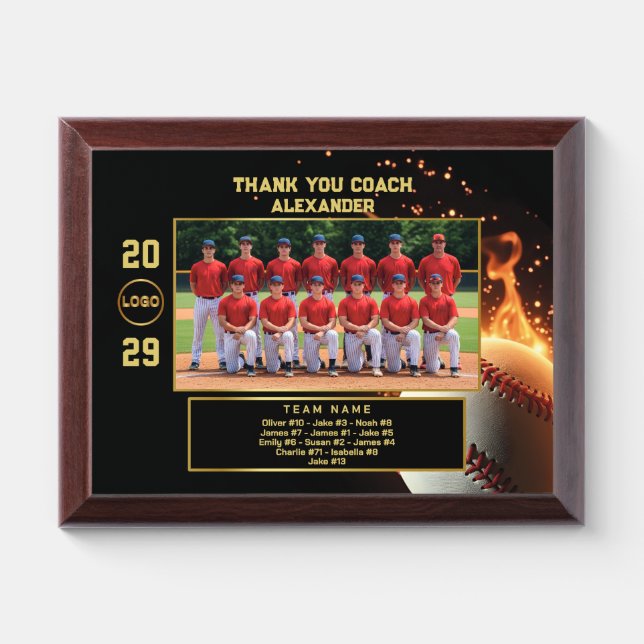 Baseball Coach Thank You with Custom Team Photo Award Plaque (Horizontal)