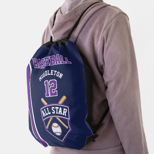Baseball Create Your Own _ Purple Blue White Bac Drawstring Bag