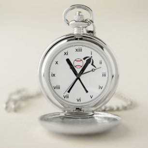 Baseball crossed bats and cap black and red pocket watch