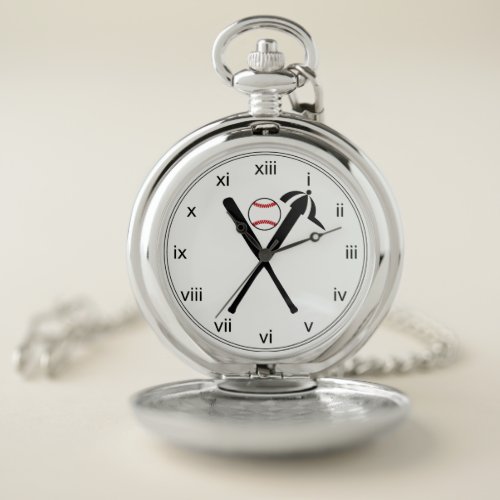 Baseball crossed bats and cap black and red pocket watch