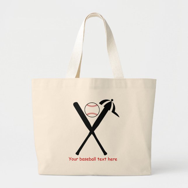 Baseball crossed bats and cap black, red custom large tote bag (Front)