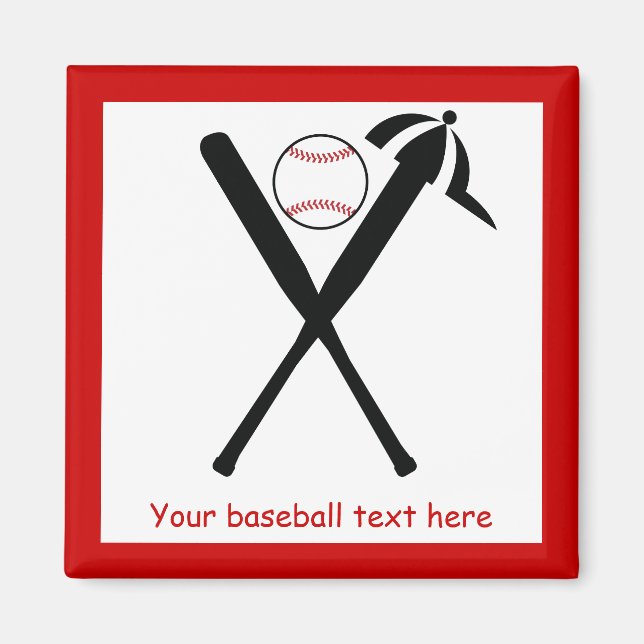 Baseball crossed bats and cap black, red custom magnet (Front)